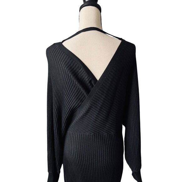Love Tree Black Ribbed Knit Long Sleeve Mini Wrap Dress With Tie Waist & V-Neck - Picture 6 of 8